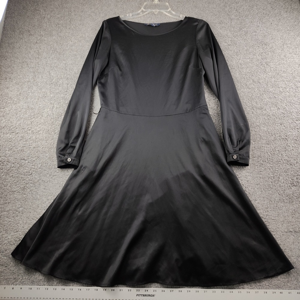 Brooks Brothers 346 Womens Black Satin Long Sleeve Fit Flare Dress Size 4 Lounge